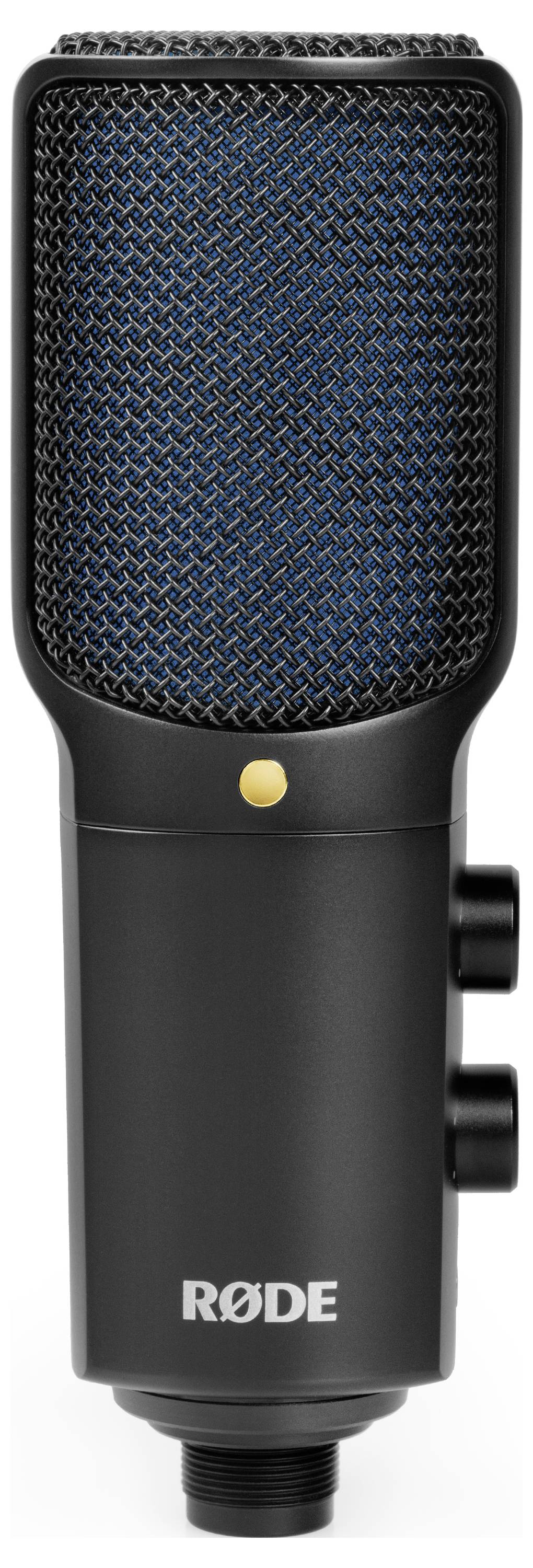 Schwarzes Studiomikrofon mit goldener Punktmarkierung und zwei Reglern an der Seite, geeignet für professionelle Audioaufnahmen.