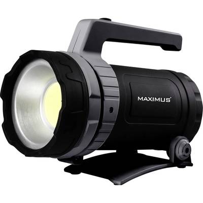 Eine schwarze Taschenlampe mit robustem Griff und der Aufschrift 'MAXIMUS' auf der Seite, positioniert auf einem Ständer.