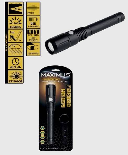 Taschenlampe 'Maximus' mit 1200 Lumen, 235 m Reichweite. Aufladbar, Aluminiumgehäuse. Enthält Fokusfunktion und Powerbank.