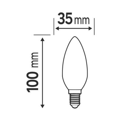 Eine Glühbirne mit den Abmessungen 100 mm in der Höhe und 35 mm im Durchmesser.