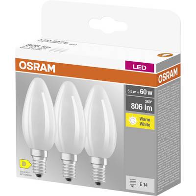 Verpackung für Osram LED-Glühlampen, 5,5 W entspricht 60 W, E14-Sockel, 806 Lumen, warme weiße Lichtfarbe, 3 Stück.