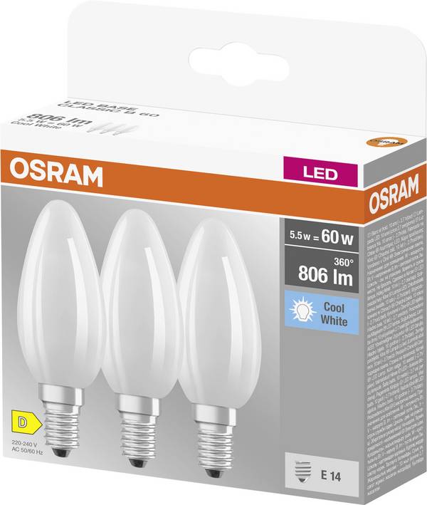 OSRAM HOMELIGHTING 4058075592575 LED EEK D (A - G) E14 Kerzenform 5.5 W = 60 W Kaltweiß (Ø x L) 35 mm x 100 mm  3 St.