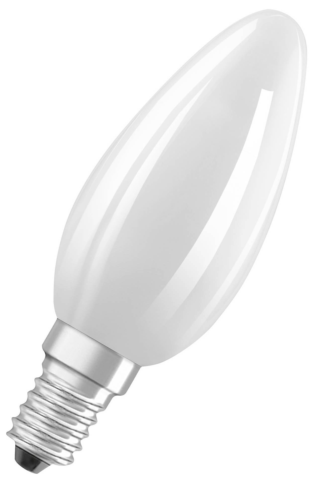 Eine weiße LED-Kerzenlampe mit E14-Schraubsockel, seitlich liegend. Ideal für dekorative Leuchten oder Kronleuchter.