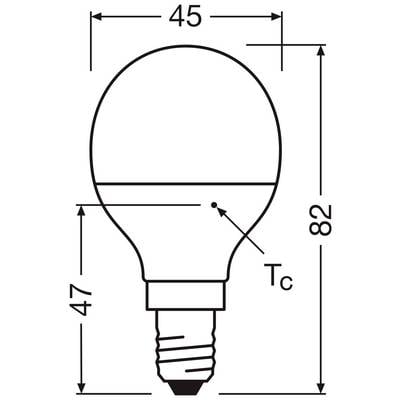 Zeichnung einer Glühbirne mit E14-Sockel. Gesamtlänge 82 mm, Breite 45 mm. Markierung 'Tc' zeigt die thermische Grenze an.