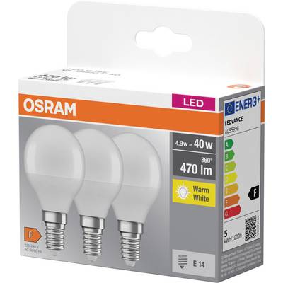 LED-Lampen-Verpackung mit 3 warmweißen Osram-LEDs, E14-Sockel, 470 Lumen, 40W-Äquivalent, Energieklasse F.