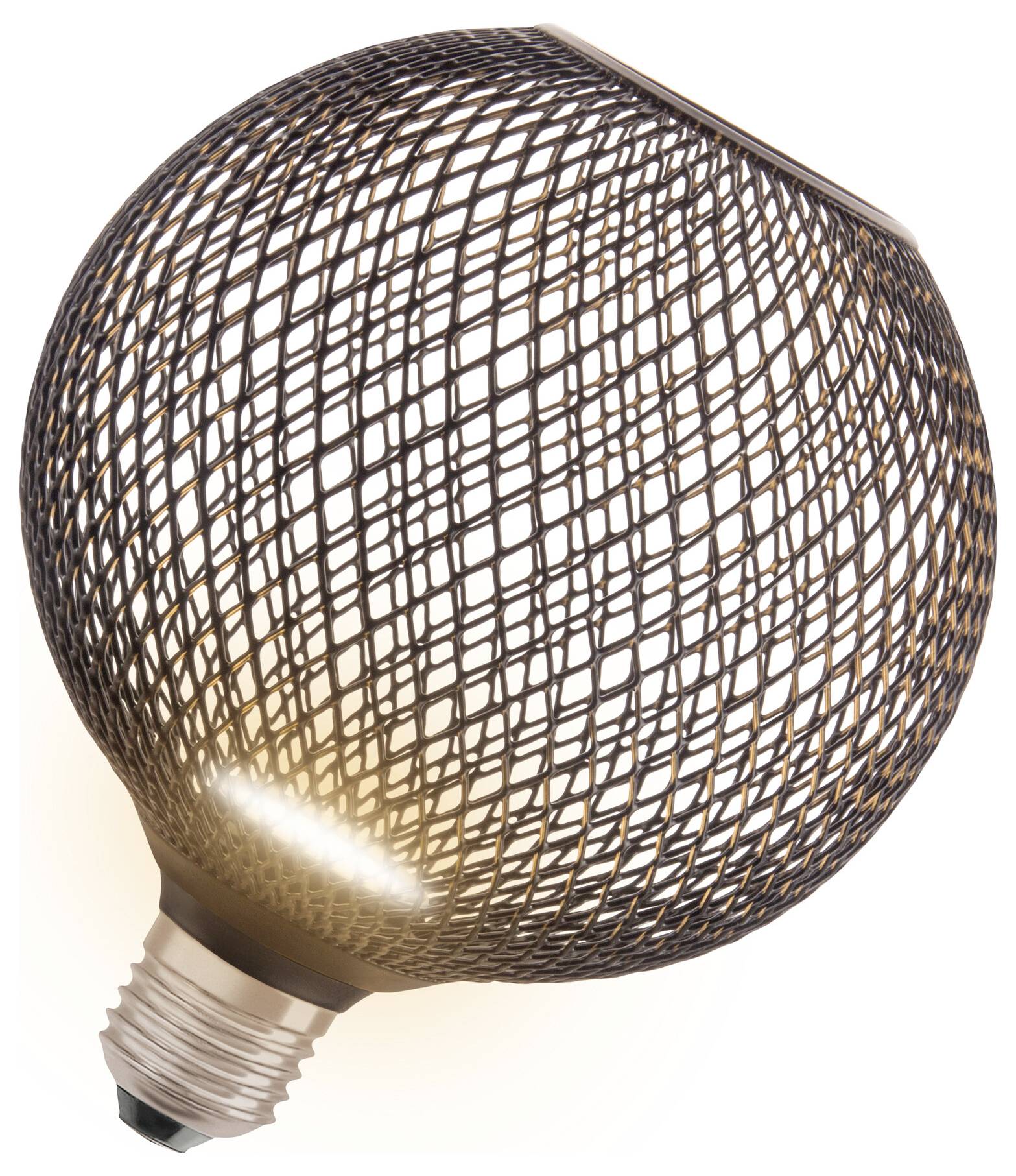 Eine Glühbirne mit drahtähnlichem, kugelförmigem Design, die warmes Licht abstrahlt. Ideal für dekorative Innenräume.