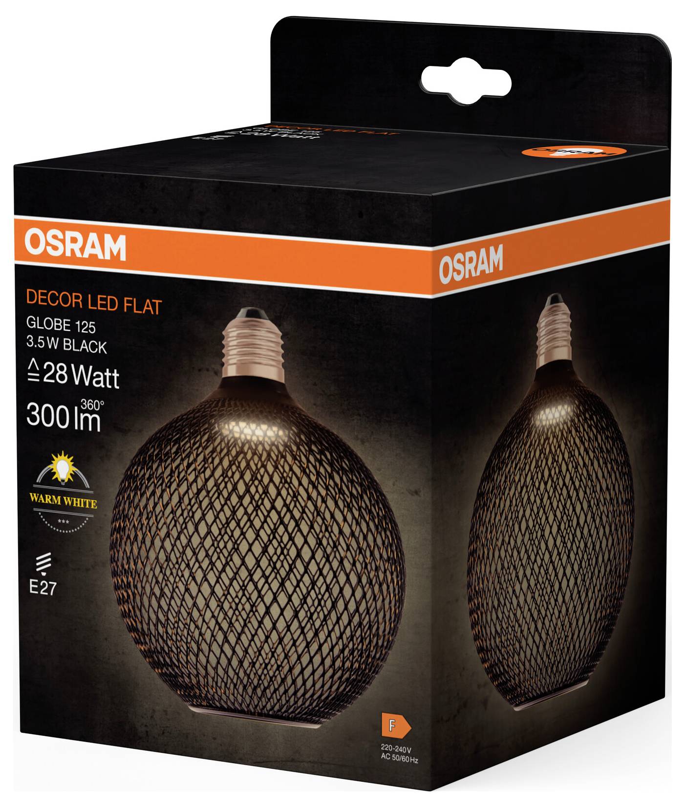 Verpackung einer Osram LED Glühbirne, Modell Decor LED Flat Globe 125, E27, 3.5W, 300 Lumen, warmweiß, schwarzes Gitterdesign.