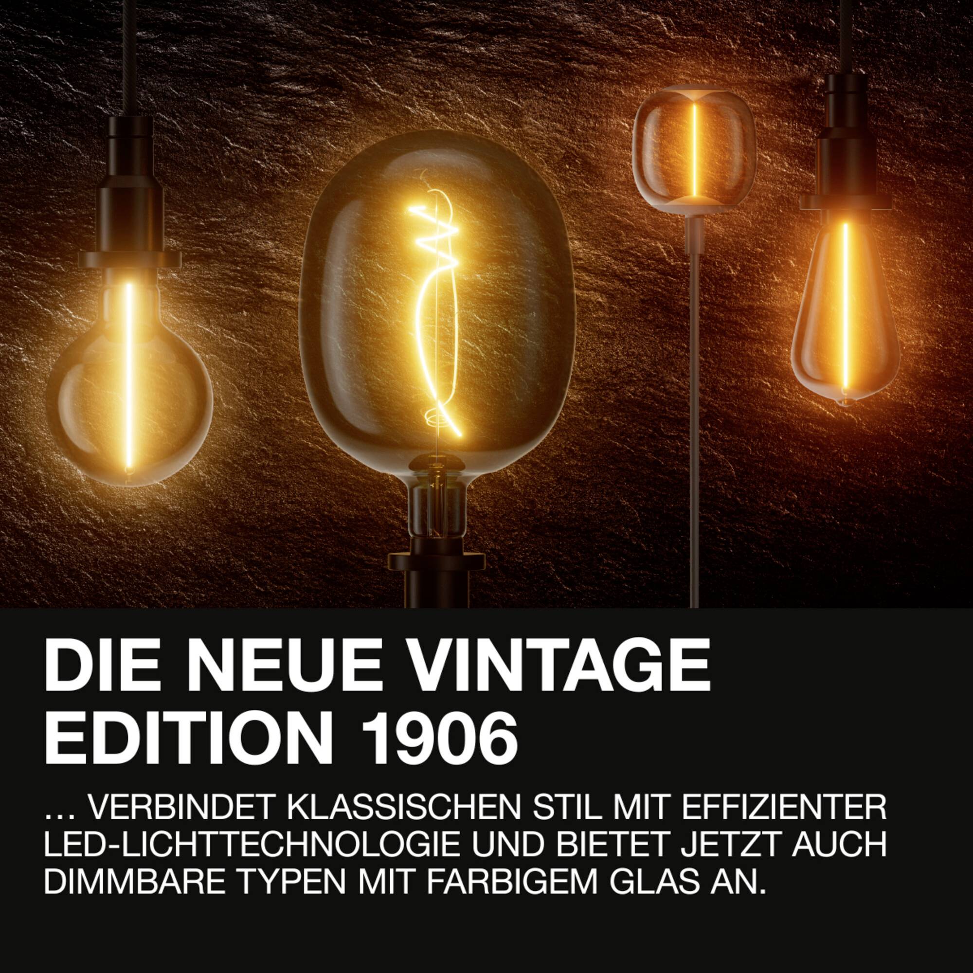 Glühbirnen im Vintage-Stil in verschiedenen Formen und Größen, leuchten warm. Text: 'Die neue Vintage Edition 1906'.