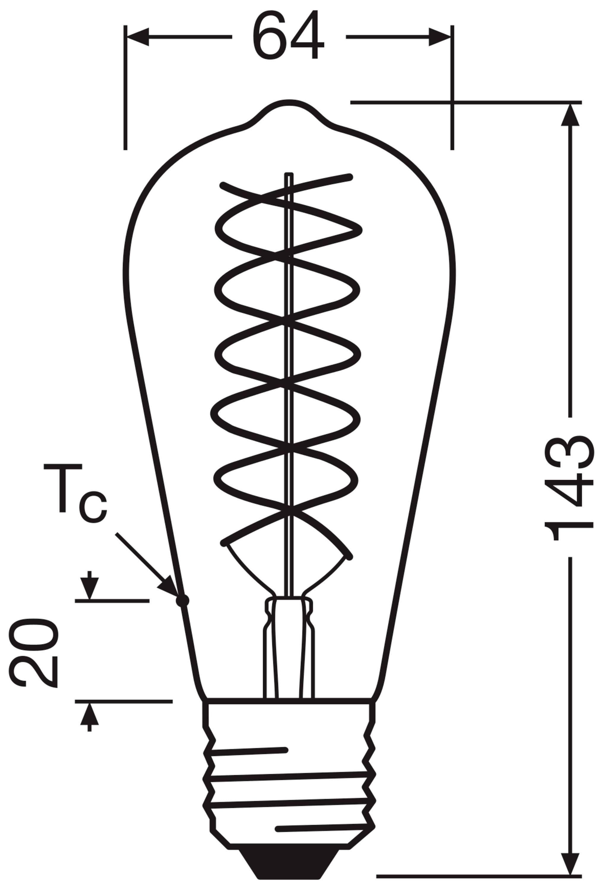Diagramm einer Glühbirne mit den Maßen: Höhe 143 mm, Breite 64 mm, Abstand 'Tc' 20 mm. Zeigt das äußere Design und den inneren Filament.