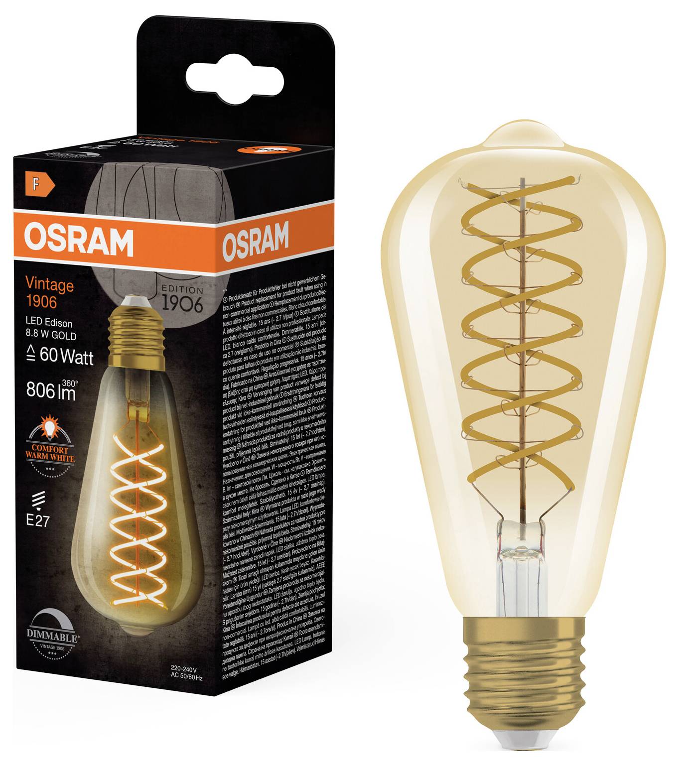 'Osram Vintage 1906 LED Edison' Glühbirne und Verpackung. 60 Watt Ersatz, 806 lm, dimmbar. E27 Fassung, spiralförmiger Filament.