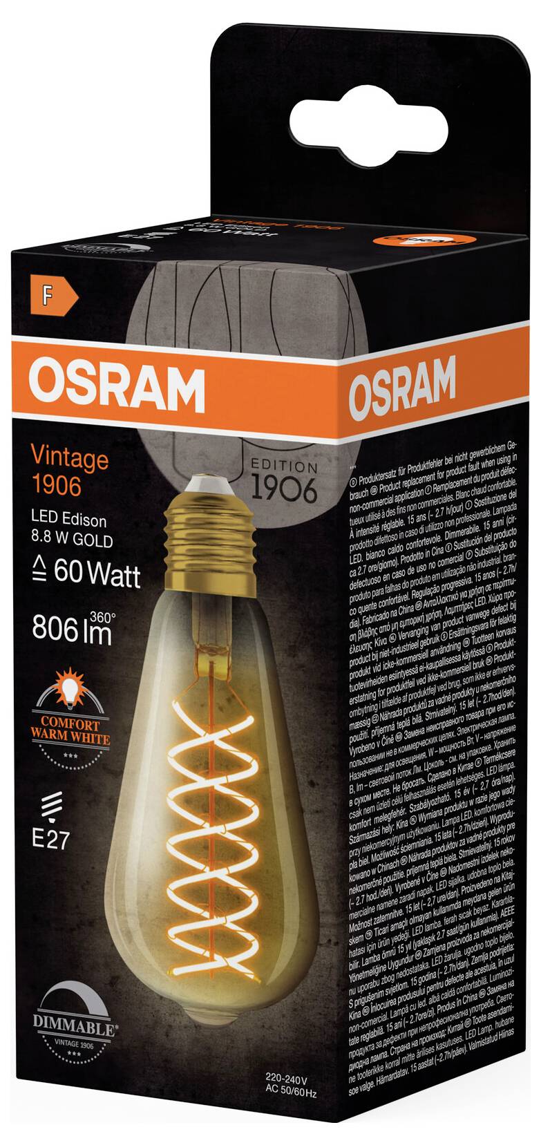 Verpackung einer OSRAM Vintage 1906 Glühbirne, LED Edison, 60 Watt, 806 Lumen, warmweißes Licht, E27 Fassung, dimmbar.