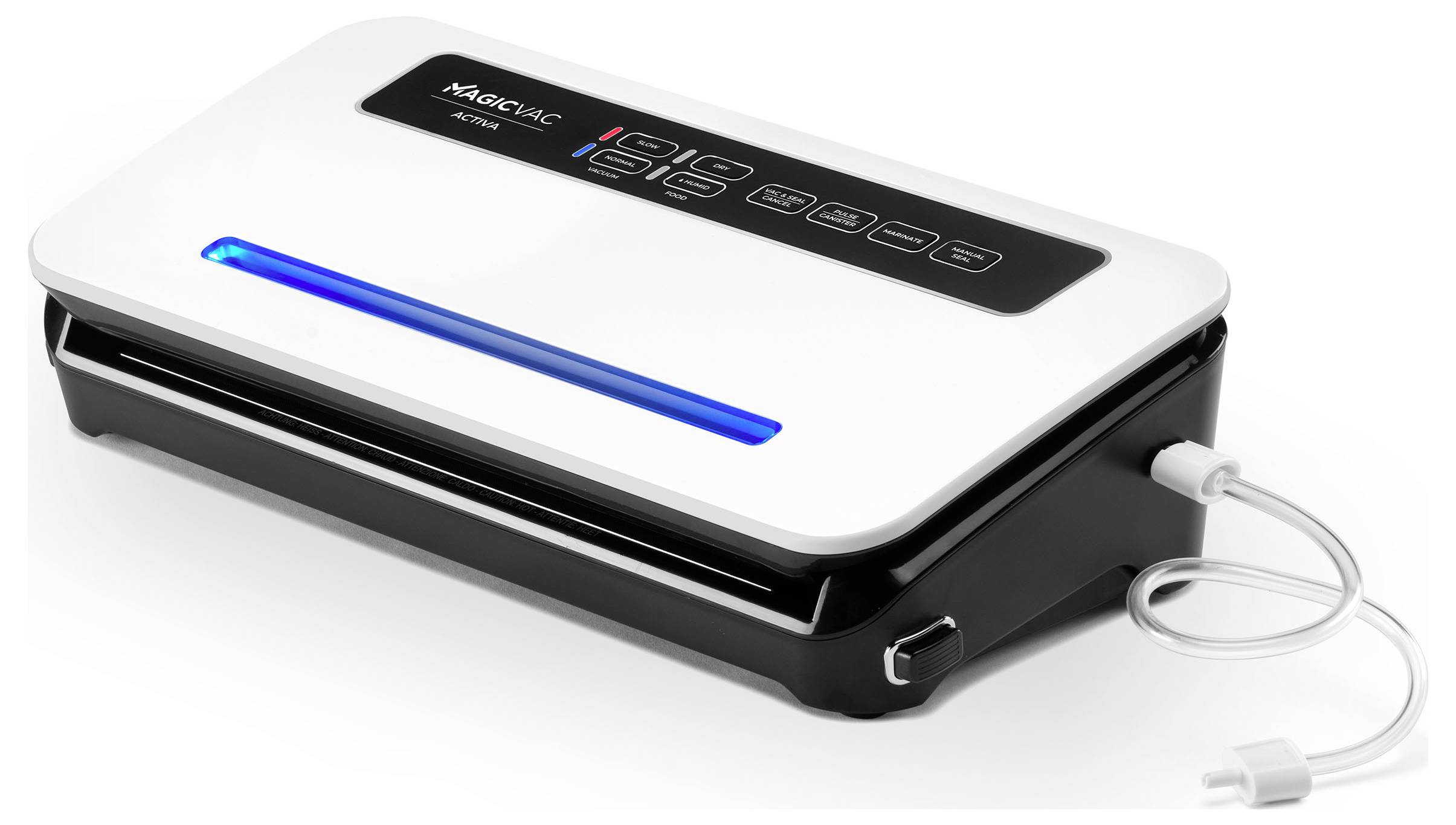 Vakuumiergerät mit weißem Gehäuse und schwarzer Oberseite, leuchtendes blaues Licht und Bedienelemente, Kabel an der Seite angeschlossen.