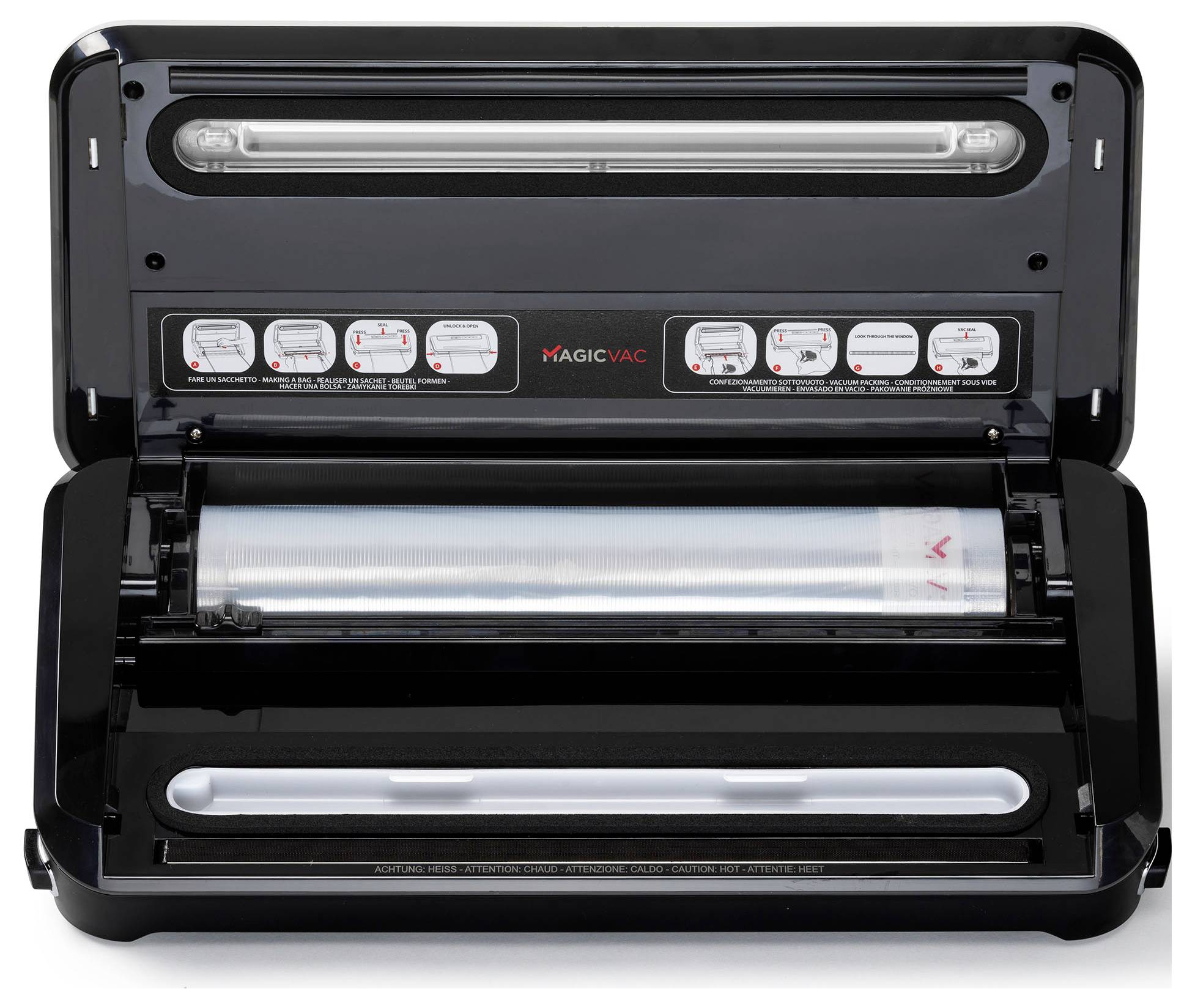 Vakuumiergerät mit offenem Deckel. Sichtbarer Rollenhalter und Bedienfeld mit mehreren Tasten zur Steuerung von Funktionen.