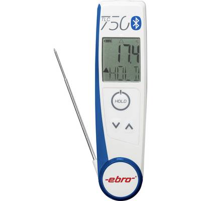 Digitales Thermometer mit Metallsonde; Anzeige zeigt 17,4°C und 'HOLD' an. Bluetooth-Symbol und Marke 'ebro' sichtbar.