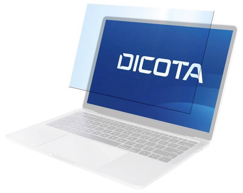 Ein Laptop mit einem Bildschirmschutz. Auf dem Bildschirm steht 'DICOTA'. Der Schutz geht über den Bildschirm hinaus und bietet zusätzlichen Schutz.