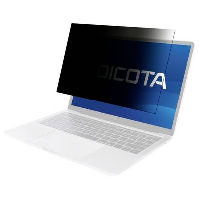 Ein weißer Laptop mit einem Blickschutzfilter auf dem Bildschirm, der das DICOTA-Logo schützt und die Sicht blockiert.