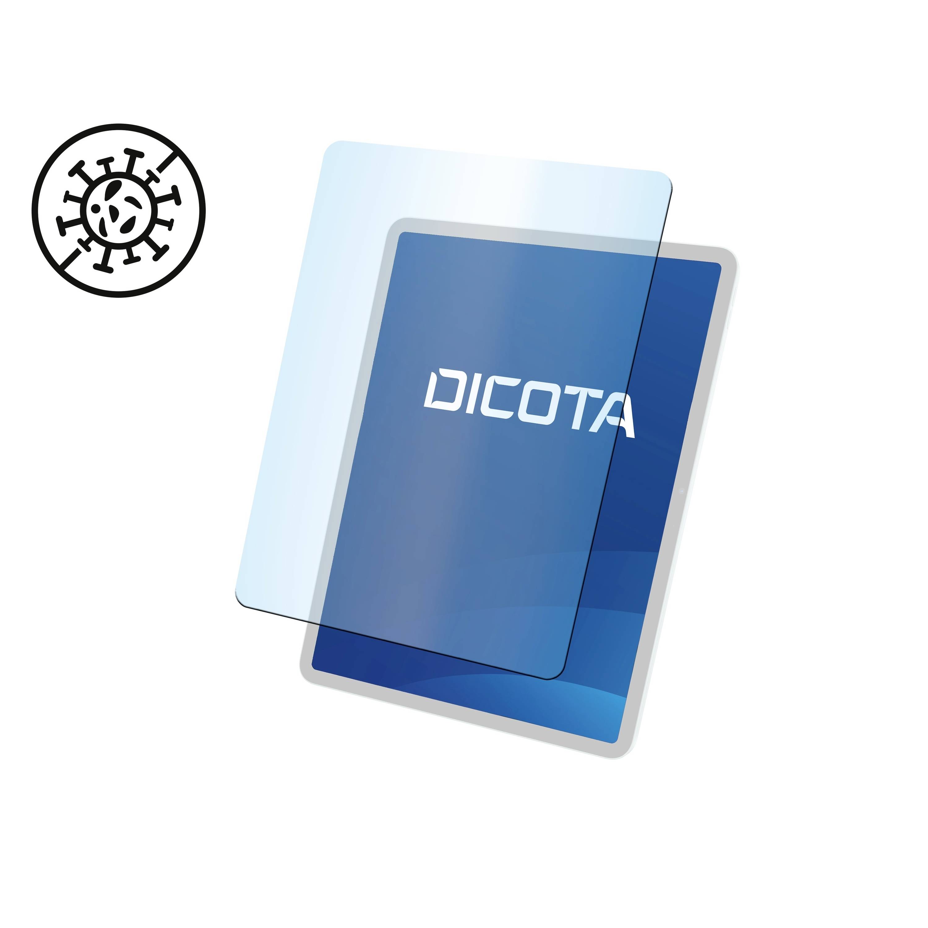 Displayschutzfolie mit der Aufschrift 'DICOTA' auf einem blauen Hintergrund, symbolisiert durch ein antimikrobielles Icon links oben.