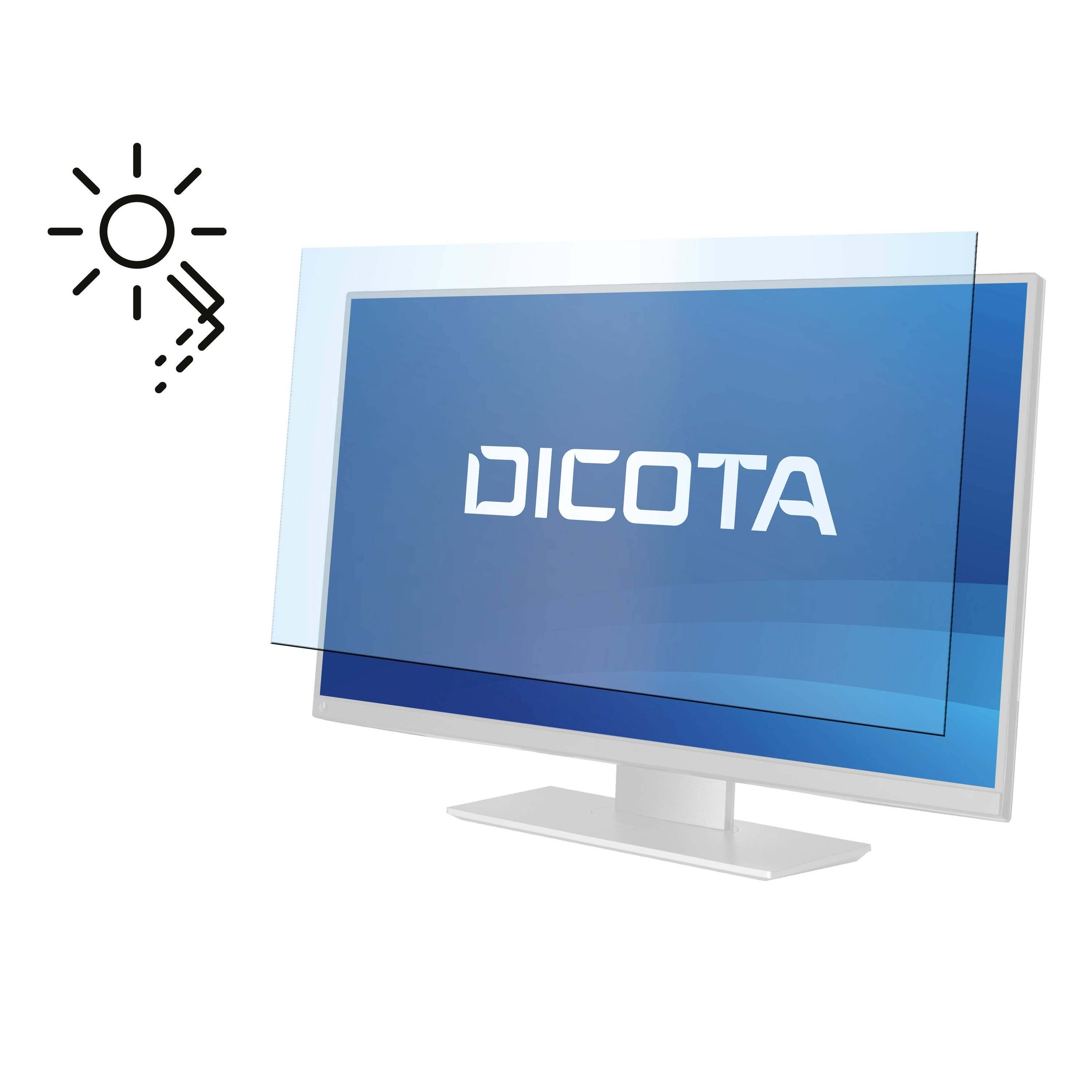 Ein blauer Bildschirm mit der Aufschrift 'DICOTA' und einem Lichtschutzfilter gegen Blendung und Reflexionen. Links ein Symbol für Sonne.