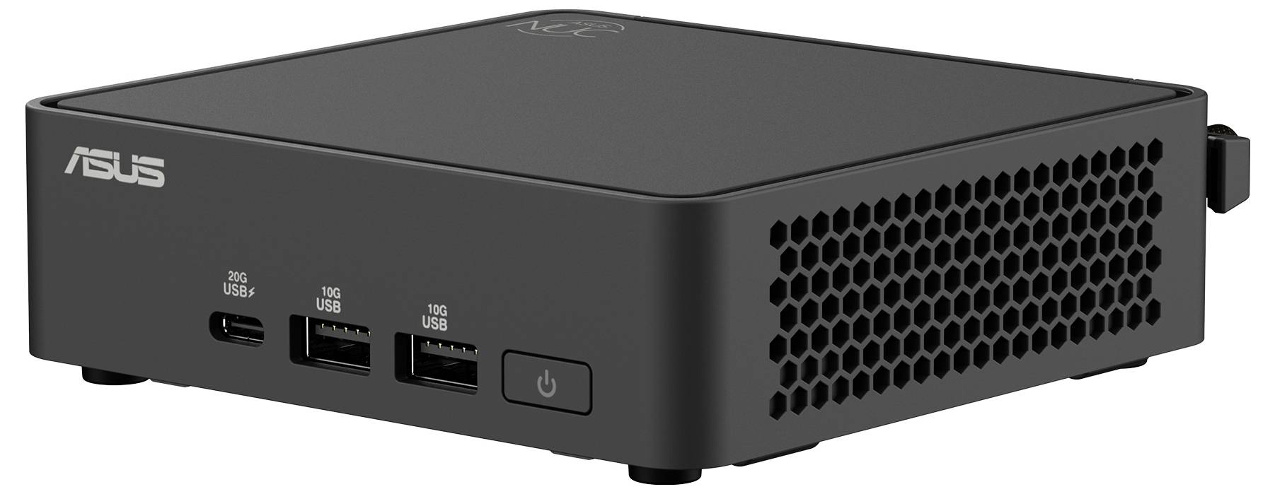 Ein schwarzer ASUS Mini-PC mit Lüftungsschlitzen, mehreren USB-Anschlüssen und einem Netzschalter, ideal für kompakte Arbeitsbereiche.