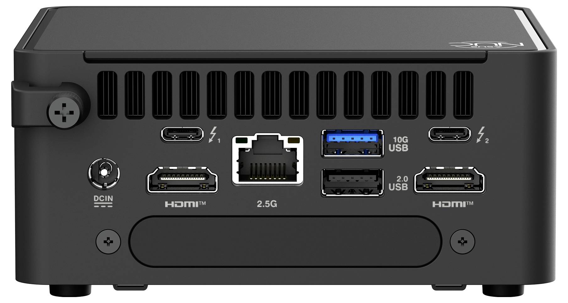 Die Rückseite eines Mini-PCs mit DCIN, zwei HDMI-Anschlüssen, Ethernet, zwei USB-C-Thunderbolt-Anschlüssen, USB 3.0 und USB 2.0.