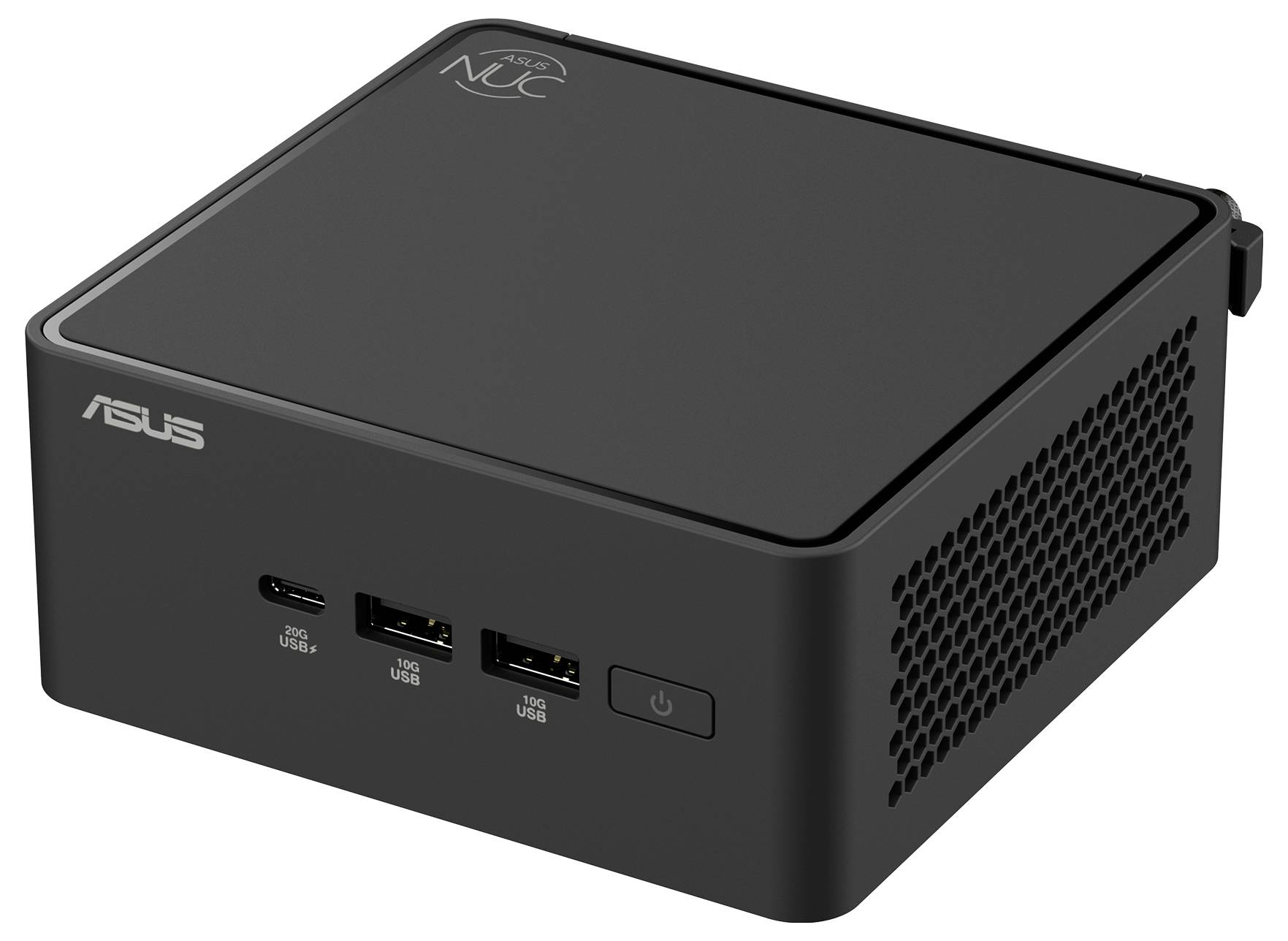 Ein kompakter, schwarzer Mini-PC mit dem ASUS-Logo, zwei USB-Anschlüssen und einem Power-Button auf der Vorderseite.