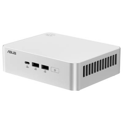 Weiße Mini-Computerbox von Asus mit mehreren USB-Anschlüssen und einem Netzschalter auf der Vorderseite; seitliche Lüftungsschlitze sichtbar.