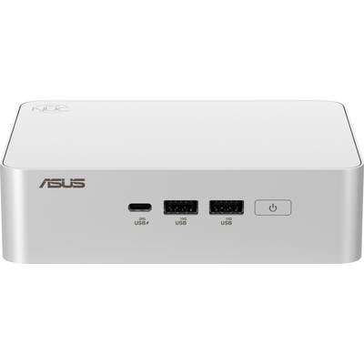 Ein kompakter ASUS Mini-PC mit weißem Gehäuse. Auf der Vorderseite befinden sich zwei USB-Anschlüsse, ein USB-C-Anschluss und ein Power-Button.
