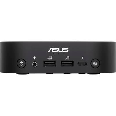 Kleiner, schwarzer ASUS-Mini-PC mit mehreren Anschlüssen: zwei USB, ein Kopfhöreranschluss, ein C-Anschluss und ein Power-Knopf.