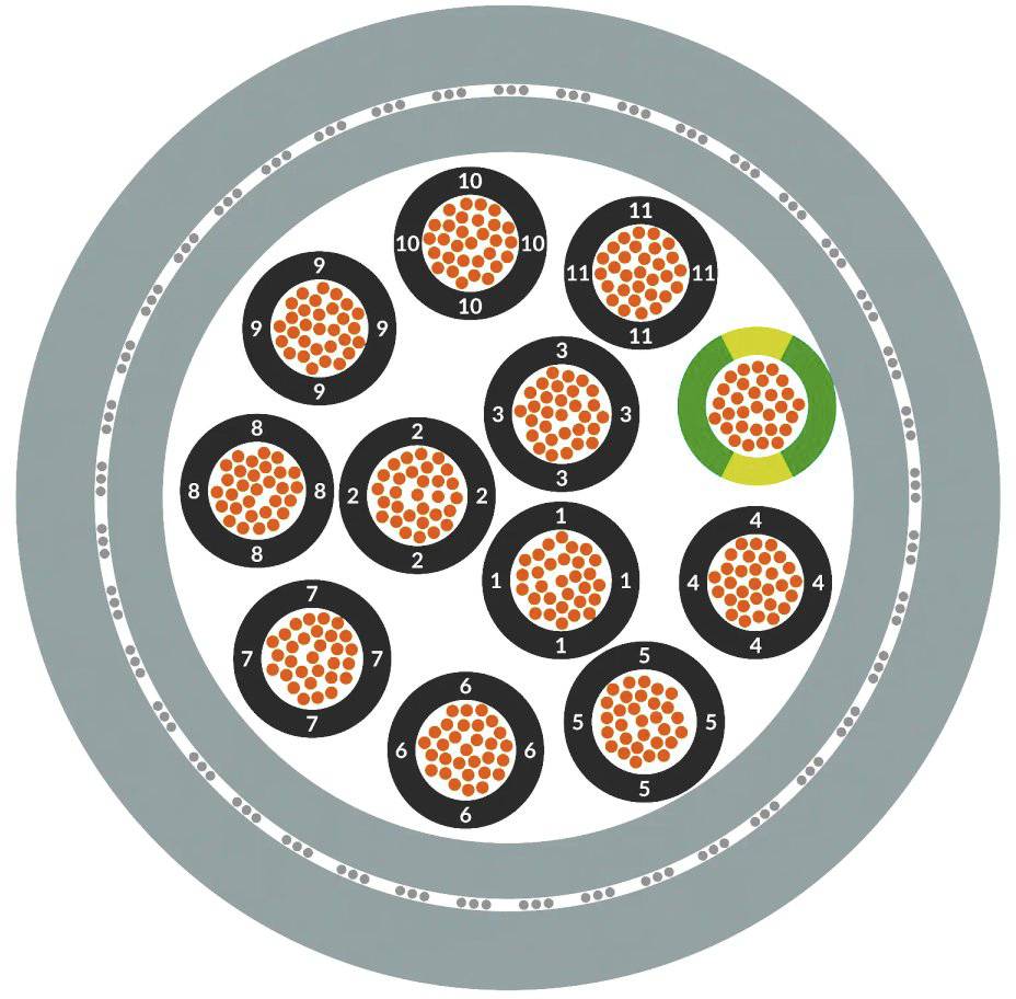 Kabelquerschnitt-Diagramm: Zwölf Bündel aus orangefarbenen Drähten, nummeriert von 1 bis 12, eins in Grün für Erdung. Außen ein grauer Ring.