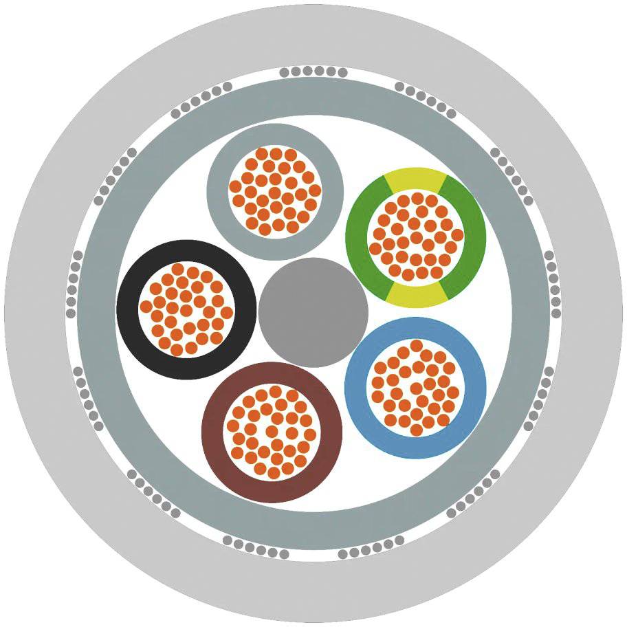 Querschnitt eines Glasfaserkabels mit mehreren farbig ummantelten Faserbündeln, die von einer grauen äußeren Schicht umgeben sind.