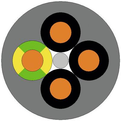 Querschnitt eines Kabels mit vier Adern, drei große orangefarbene umgeben von schwarzem Isoliermaterial und eine kleine grüne.