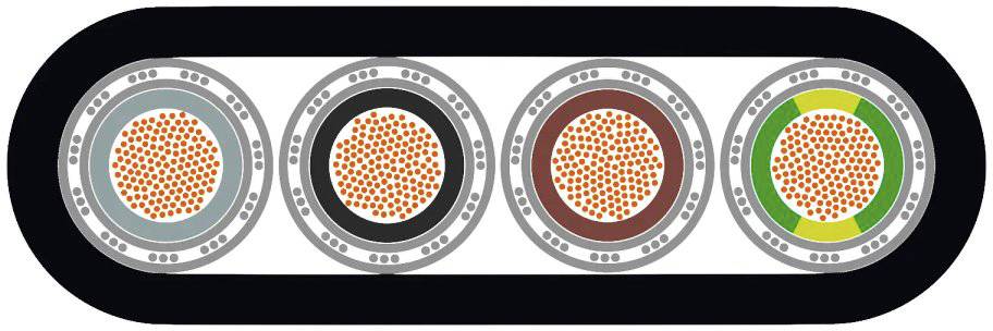 Querschnitt eines Kabels mit vier Leitern, jeweils ummantelt und gefüllt mit orangefarbenen Punkten zur Isolierung und Schutz.