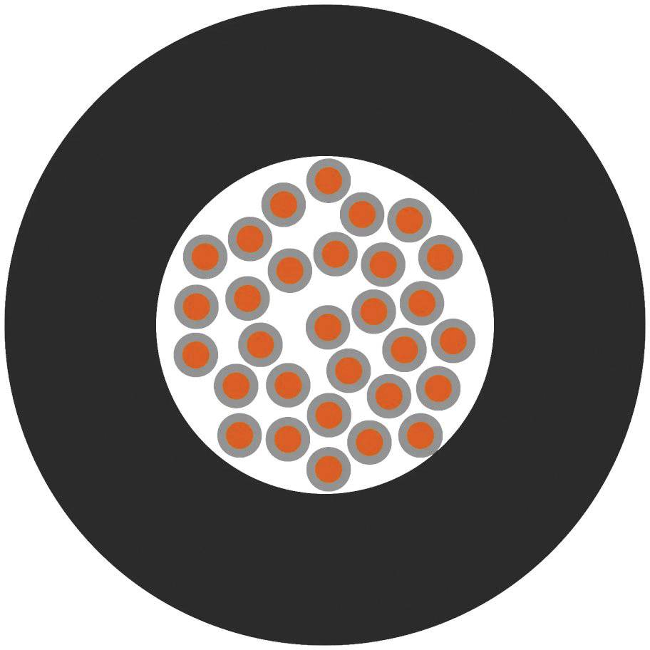 Ein schwarzer Kreis mit einem weißen Innenkreis, der mit mehreren orangefarbenen und grauen Punkten gefüllt ist.