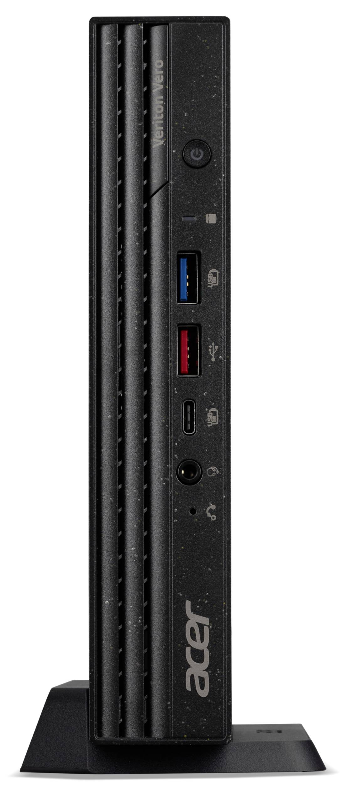 Kompakter schwarzer Acer-Desktop-PC im Hochformat. Enthält mehrere USB-Anschlüsse und Audiobuchsen an der Vorderseite.