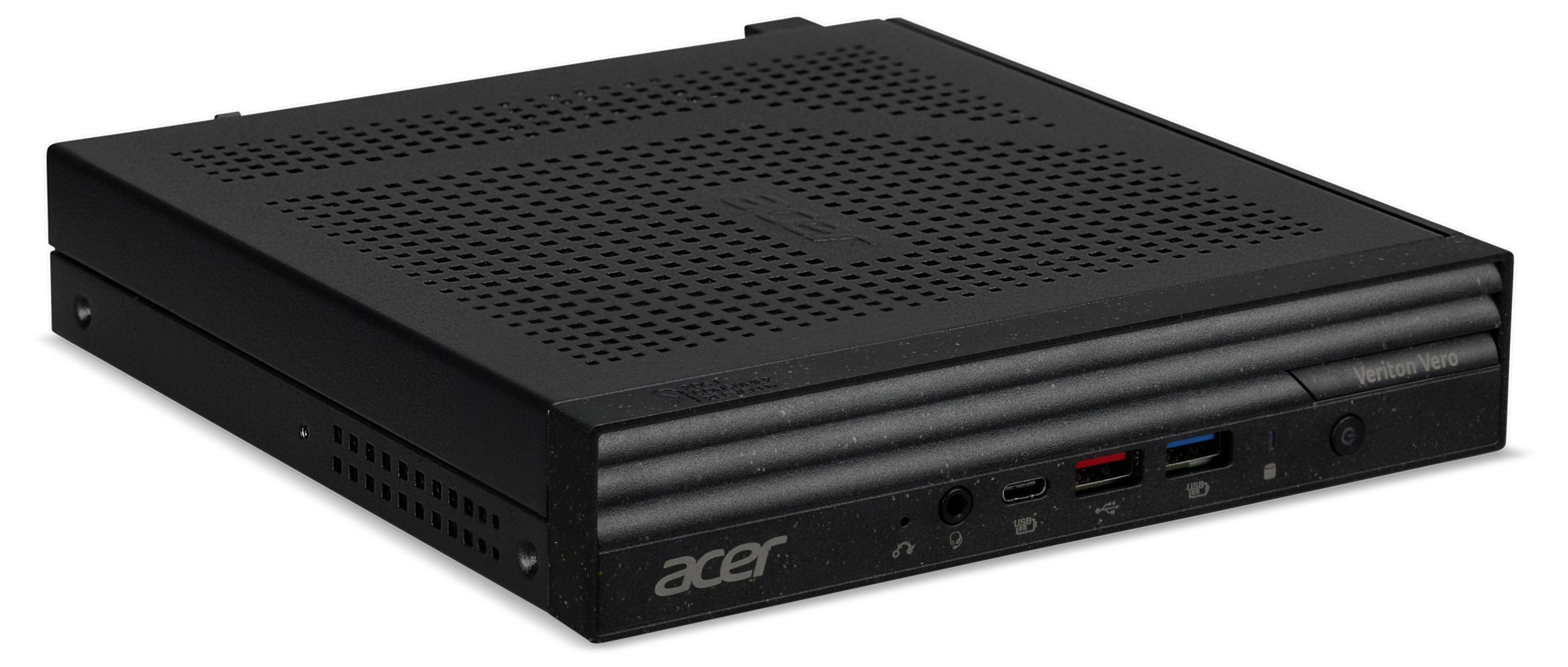 Ein schwarzer Mini-PC von Acer mit einem perforierten Gehäuseoberteil, verschiedenen Anschlussmöglichkeiten an der Vorderseite.