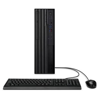 Schwarzer Computer mit Tastatur und Maus vorne. Der Tower steht aufrecht, mit USB-Anschlüssen und Laufwerk an der Vorderseite.