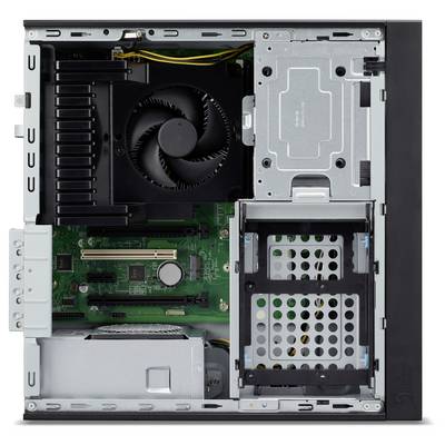 Ein offener Computer zeigt das Innenleben: Lüfter, Hauptplatine, RAM-Steckplätze, Festplatteneinschübe und Stromversorgung.