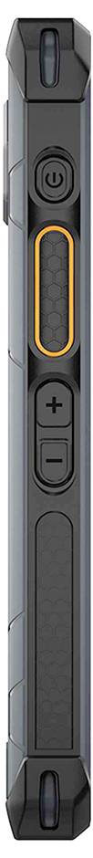 Die Abbildung zeigt die Seitenansicht eines robusten Smartphones mit seitlichen Tasten, darunter Ein-/Ausschalter und Lautstärkeregler.