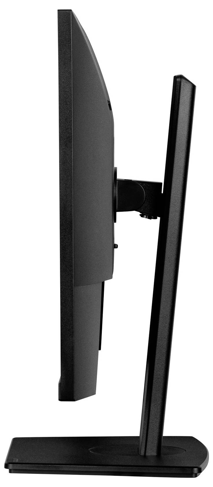 Seitenansicht eines schlanken, schwarzen Computermonitors auf einem Ständer. Das Design ist minimalistisch und modern.