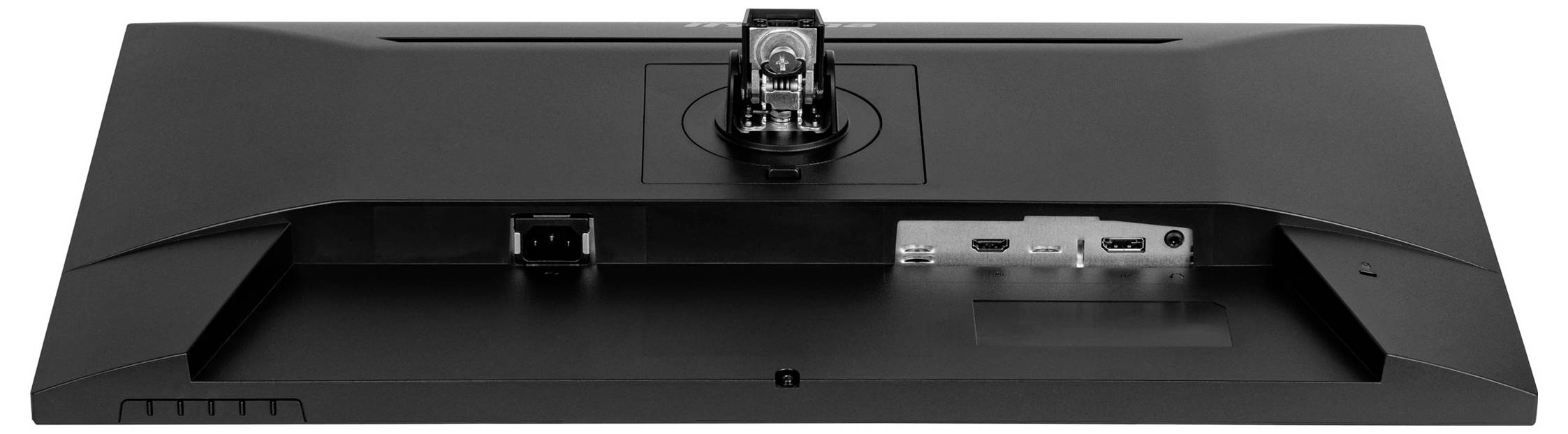 Rückseite eines Monitors mit sichtbaren Anschlüssen und Halterung zur Montage. Links ein Stromanschluss, rechts HDMI- und DisplayPort-Ports.