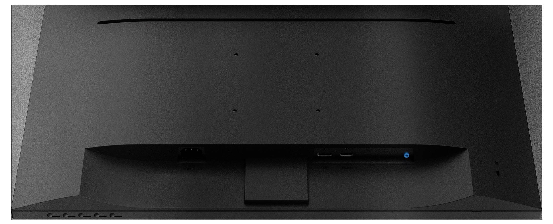 'Rückansicht eines Computermonitors mit sichtbaren Anschlüssen und Standfuss.'