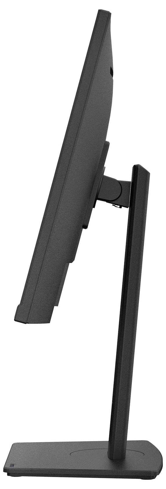 Ein seitlich fotografierter schwarzer Computermonitor auf einem verstellbaren Standfuß, schlankes Design.