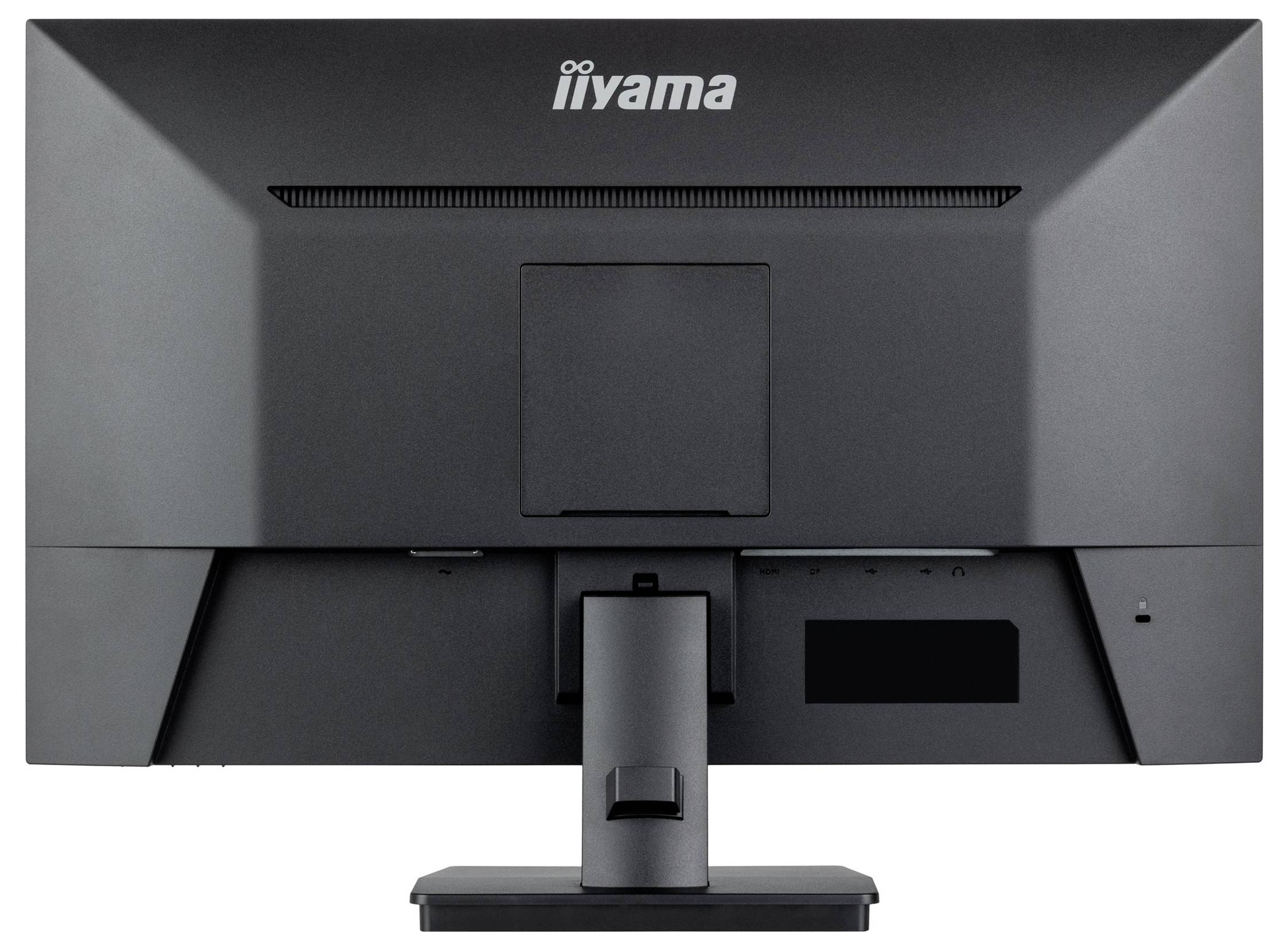 Rückansicht eines schwarzen Computerbildschirms mit aufrechtem Standfuß, Marke Iiyama gut sichtbar oben in der Mitte.