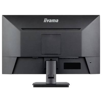 Rückansicht eines schwarzen Computerbildschirms mit aufrechtem Standfuß, Marke Iiyama gut sichtbar oben in der Mitte.