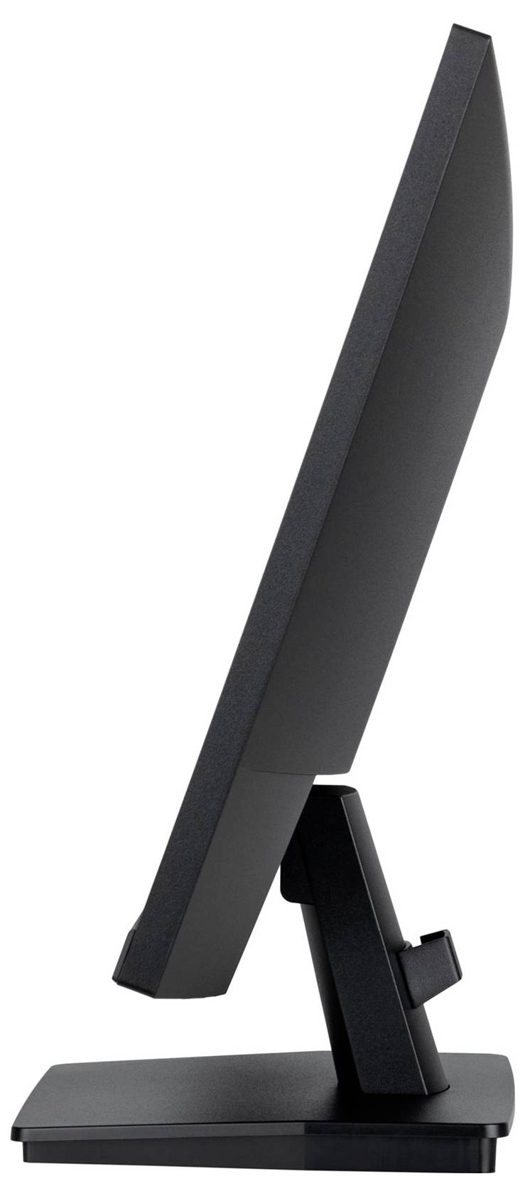 Ein schwarzer Computermonitor von der Seite betrachtet, zeigt ein schlankes Design mit einem stabilen Standfuß.