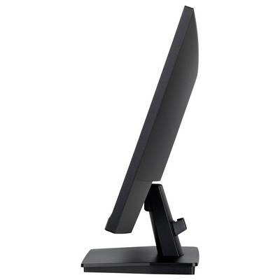 Ein schwarzer Computermonitor von der Seite betrachtet, zeigt ein schlankes Design mit einem stabilen Standfuß.