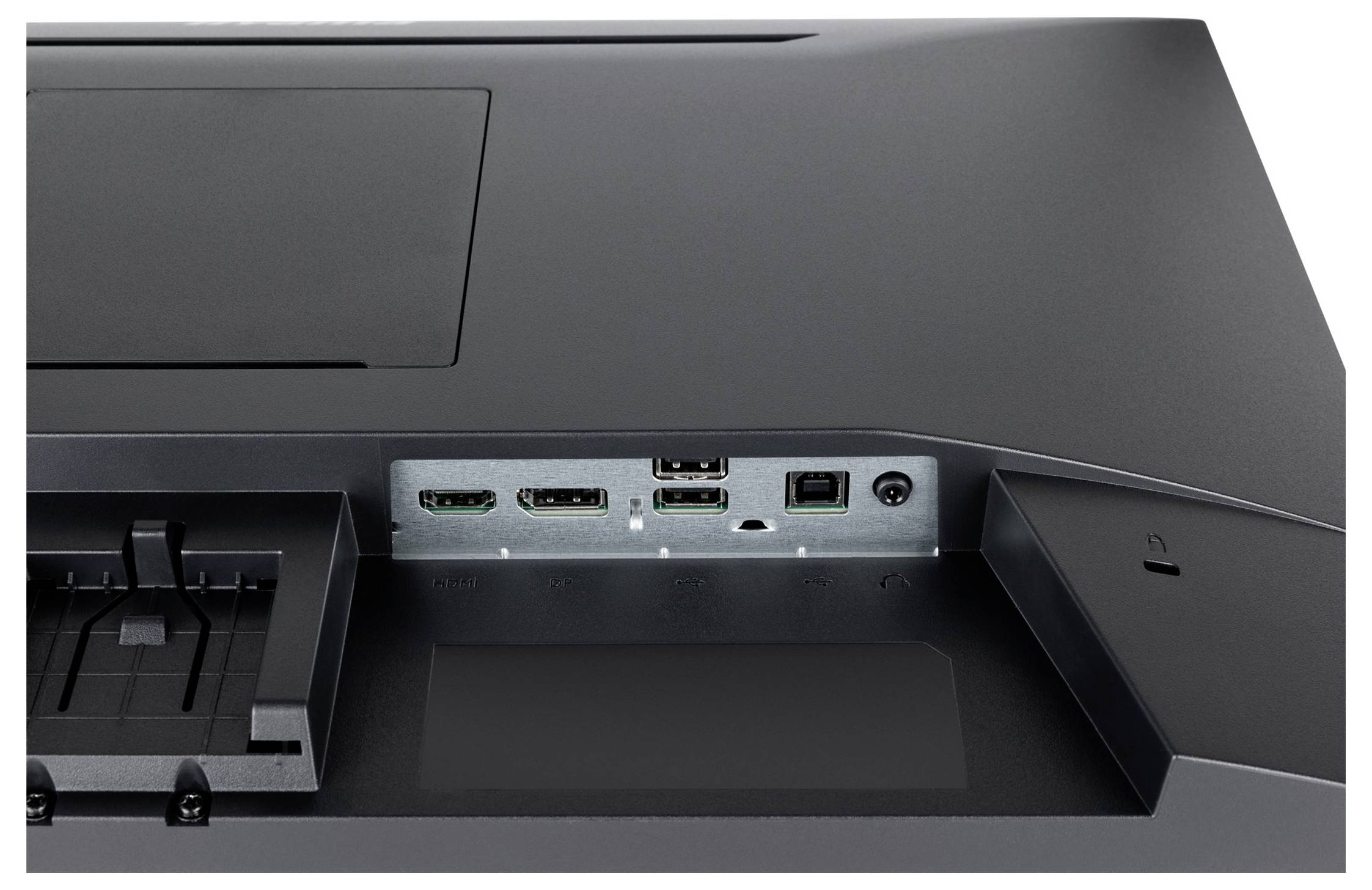 Rückseite eines Fernsehbildschirms mit verschiedenen Anschlüssen: HDMI, USB, Ethernet und Audioausgang.