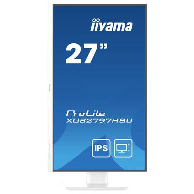 Monitoranzeige mit Markennamen 'iiyama', Größe '27 Zoll', Modell 'ProLite XUB2797HSU'. Symbole für IPS-Panel und Bildschirm mit Pfeilen.