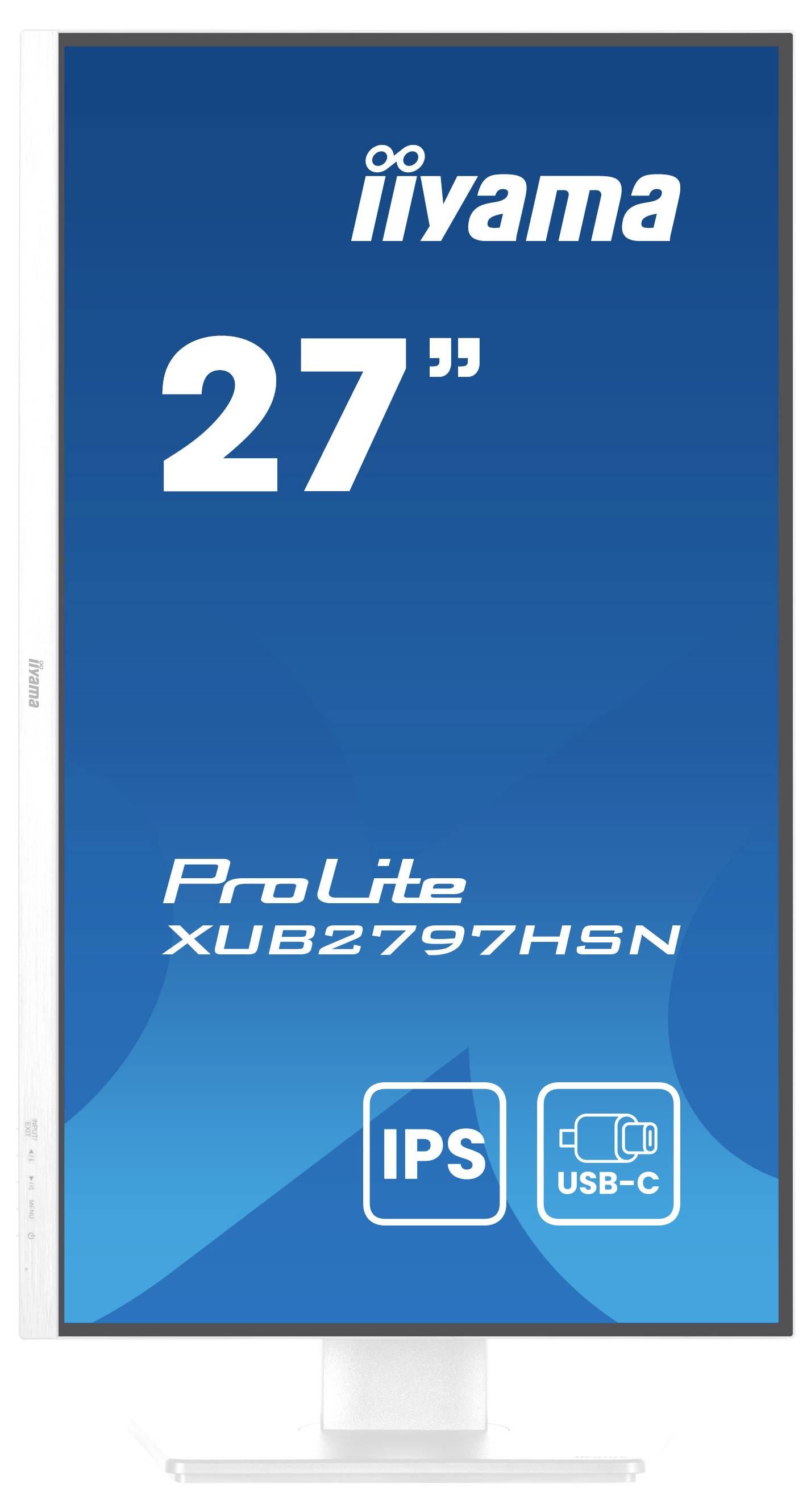 Ein vertikal ausgerichteter Computermonitor der Marke iiyama. Auf dem Bildschirm steht '27 Zoll', 'ProLite XUB2797HSN', 'IPS', 'USB-C'.
