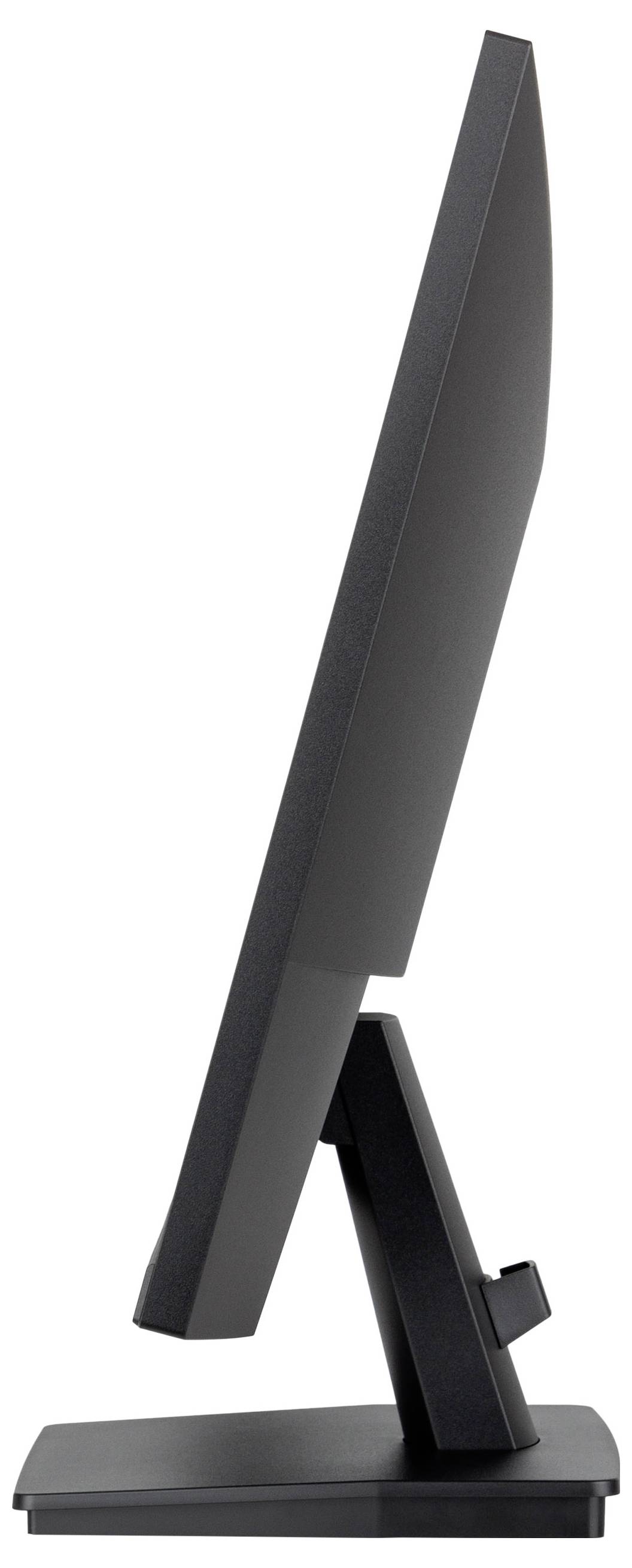 Ein seitliches Profil eines schwarzen Computermonitors auf einem Ständer. Der Bildschirm ist schlank und modern gestaltet.